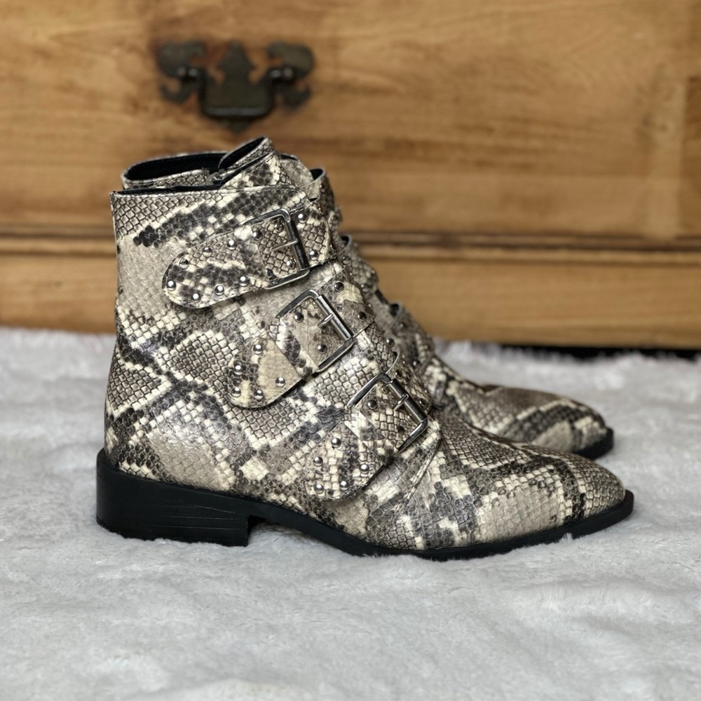 NWOB Steven NY Harmon Snake Print Belted Studded Ankle Boots Women’s 8.5